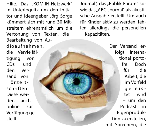 Ausschnitt des Magazin-Artikels mit einer Grafik, die vom Text umschlossen ist. Die Grafik stellt ein Auge dar, welches durch ein aufgerissenes Papier zu sehen ist.